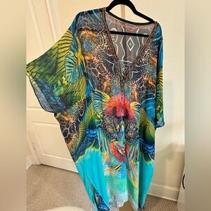 Boho Kaftan Kimono Cover Up Embellished Resort Wear Blue Multicolor One Size